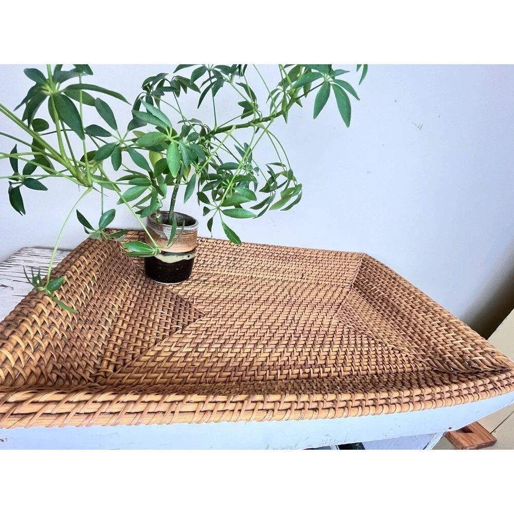 Vintage Large Serving Tray Woven Rattan Rectangle Basket Centerpiece 22”x14”